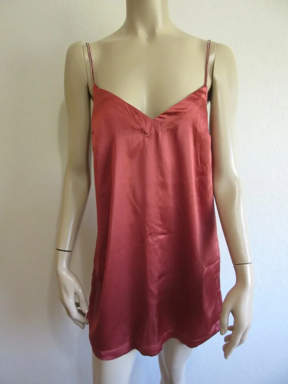 FREE PEOPLE Burnt Orange Rhinestone Spaghetti Straps S Satin Mini Slip Dress-JB1